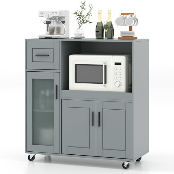 Topbuy Rolling Kitchen Island with Wheels Kitchen Cart with Drawer and Glass Door Cabinet
