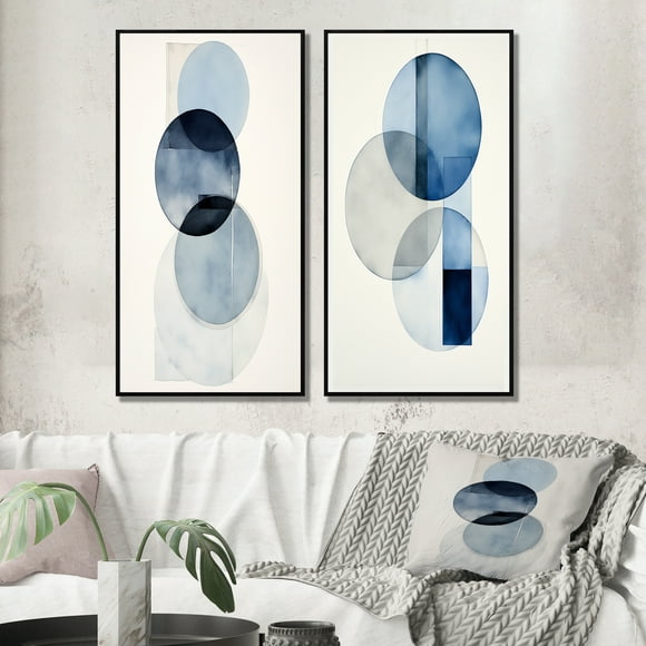 Designart "Watercolor Retro Blue Unity Minimal Orbits V" Modern Geometric Framed Wall Art Set Of 2 - Modern Blue Framed Canvas Set For Living Room Decor