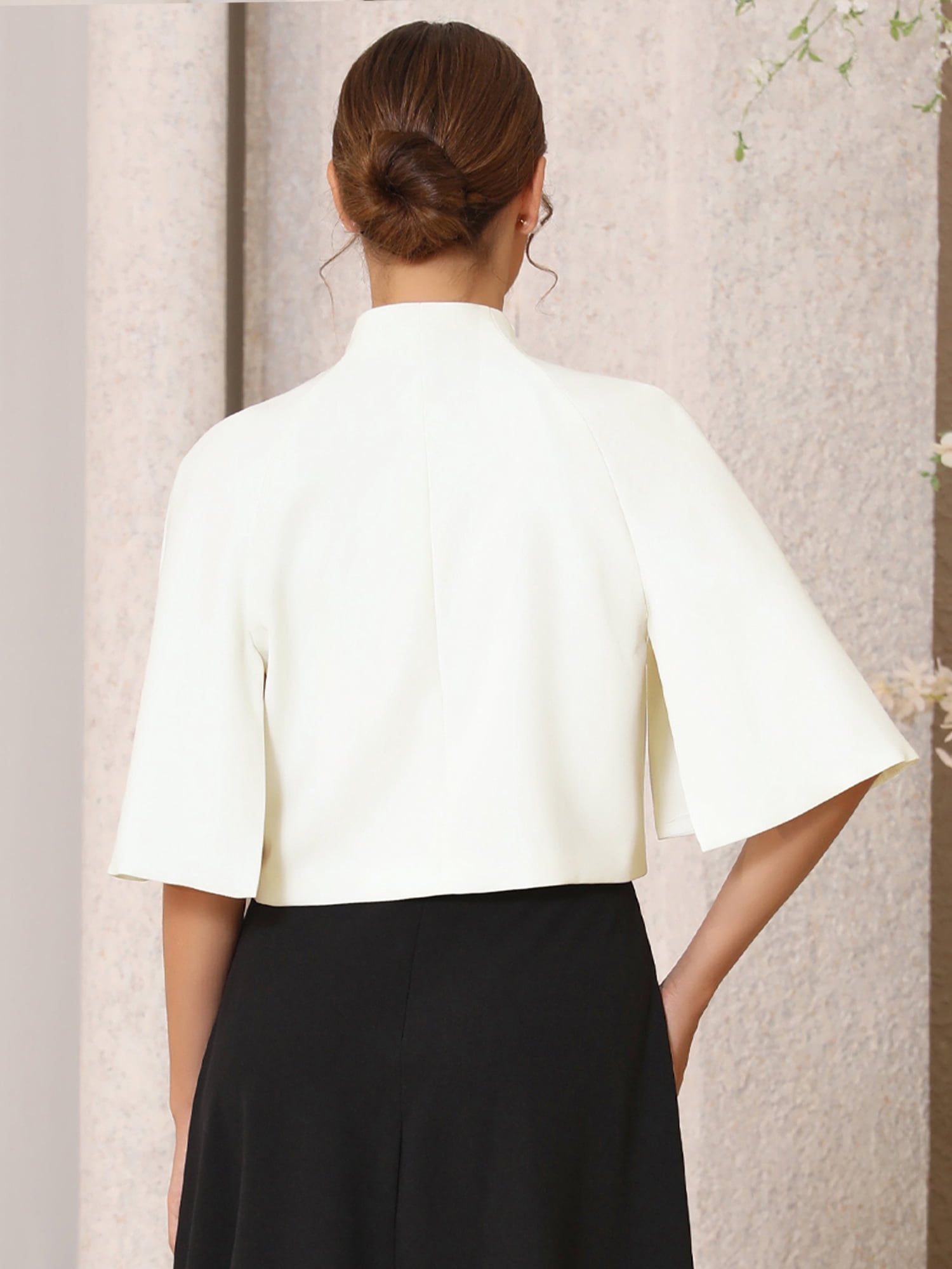 DARING DIVA Women's Formal Shrug Crewneck Split Short Sleeve Cape Blazer S White