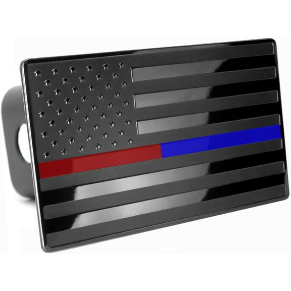 LFPartS USA Flag Emblem Metal Trailer Hitch Cover (Fits 2" Receivers, Black Flag with Thin Blue and Red Lines)