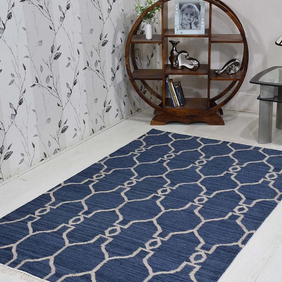 Rugsotic Carpets Hand Woven Flat Weave Kilim Wool Eco-Friendly 4'x6' Area Rugs Rectangle Blue White Contemporary Modern Design Low Pile Indoor Handmade Rug for Living Room, Bedroom D00129
