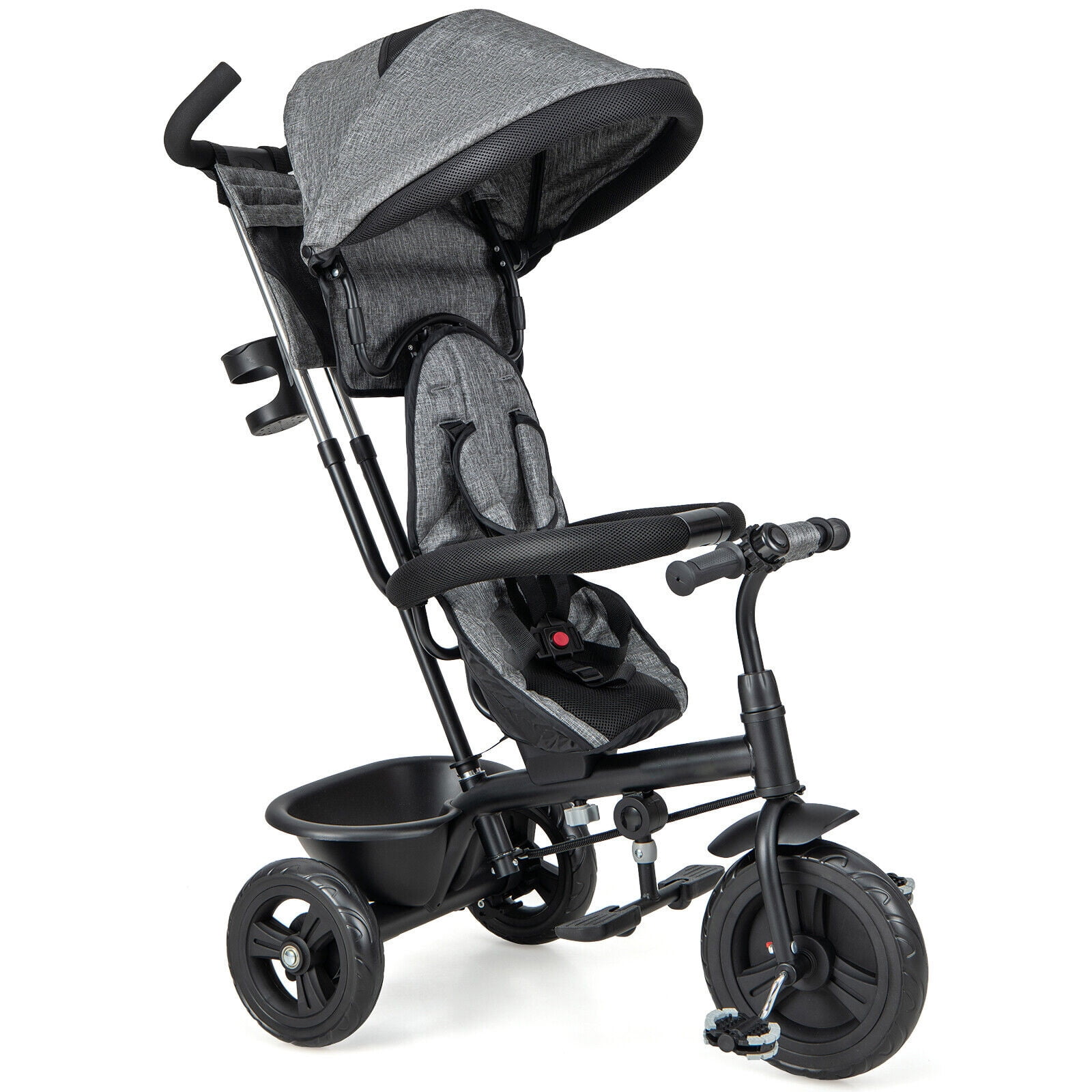 Amijoy 4-in-1 Kids' Tricycle Stroller, Toddler Push Bike with Adjustable Push Handle, Reversible Seat, Folding Canopy & Detachable Guardrail