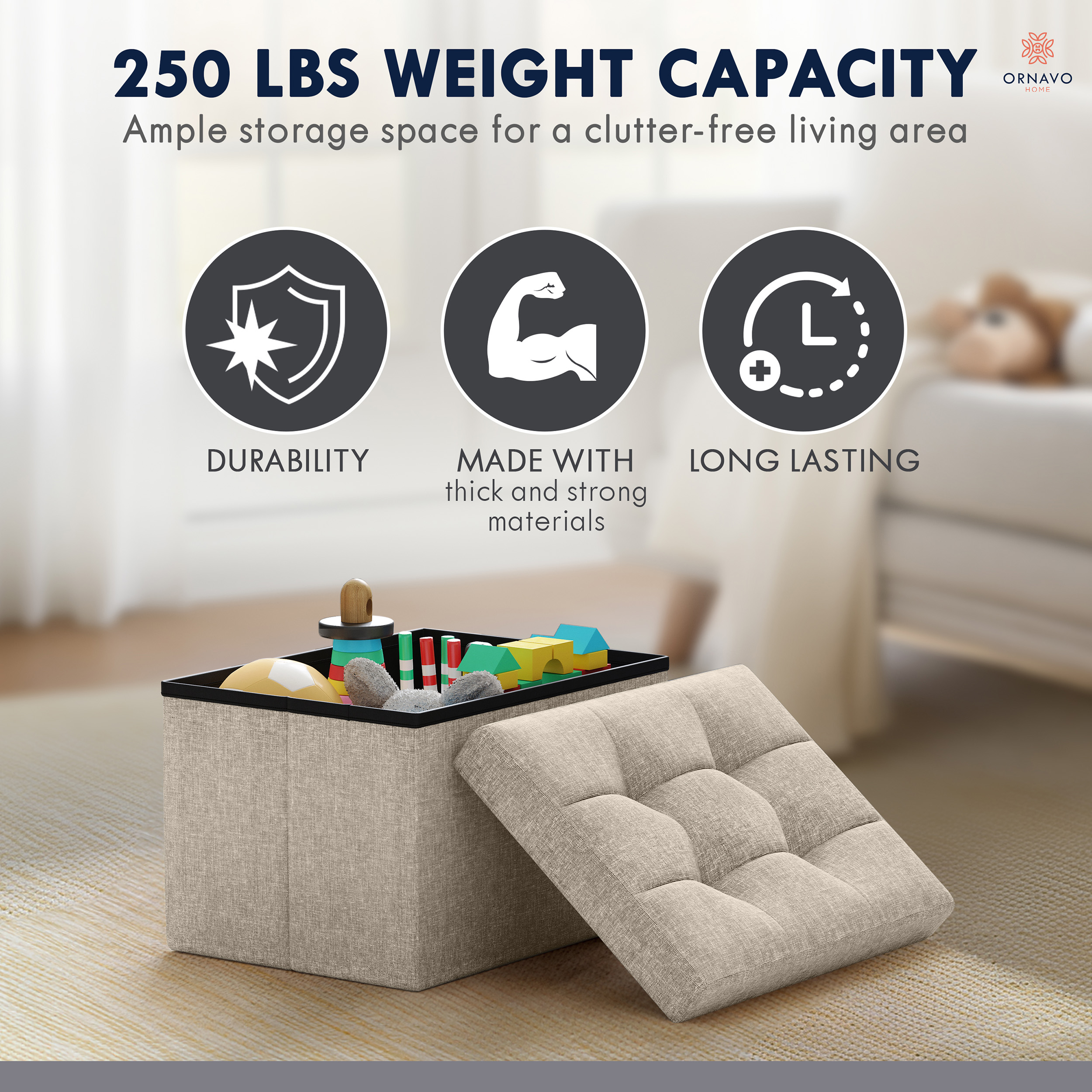 Ornavo Home Small Storage Ottoman, Beige Linen photo 6