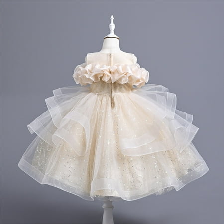 

Girls Tulle Dress Summer Sleeveless Round-Neck Mesh Petals Dresses Ruffled Lace Embroidery Princess Bow Skirts Beige 6 Years