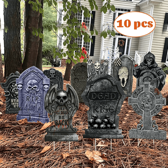 Gamexcel Halloween Gravestone Yard Signs, 10 Pack Tombstone Decorations with Stakes for Lawn, Garden and Haunted House