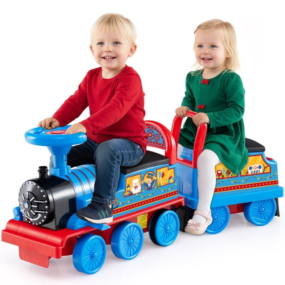 OLAKIDS 6V 2-Seater Ride on Train with Carriage, Storage, Train Whistle, Music, Lights for 18 Months