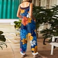 thumbnail image 4 of JULMCOMO Cotton Linen Plus Size Jumpsuits for Women Spaghetti Strap Hawaiian Floral Print Summer Outfits Sleeveless Casual Rompers Dark Blue L, 4 of 6