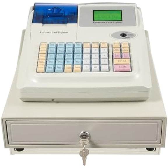 Electronic Cash Register, 48 Keys Thermal Printer Cash Register with Lockable Drawer & Detection Light, Multi-Interface Cash Registers for Supermarket Restaurant Retailers Cafes Small Business Etc