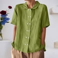 thumbnail image 2 of FUYUDY Women'S Linen Blouse Short Sleeve Loose Fit Solid Color Double Open Front Lapel Shirt Comfortable Breathable Female Top For Summer Beach And Daily Wear,Green,L, 2 of 5