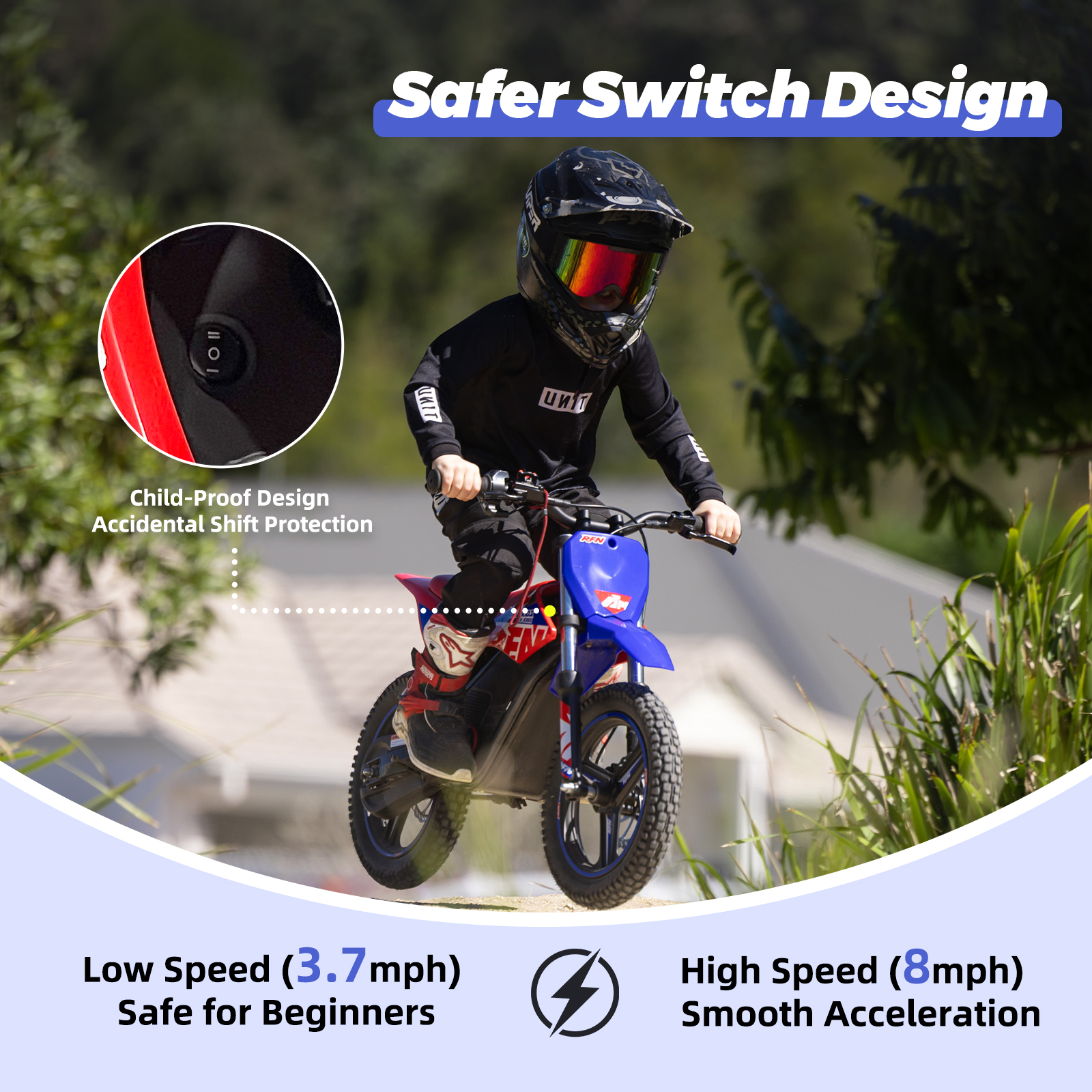 RFN 200W SX-E150 Kids electric Dirt Bike–2-Speed Electric Motorcycle, 13 Mile Range & 8 mph Top Speed, Off-Road Ride for Ages 3-6