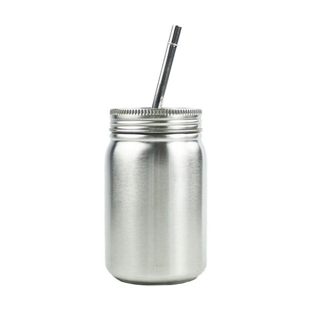 Tarro Mason plateado, vaso de acero inoxidable con tapa y pajita, sublimación 700ml de una sola pared