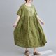 thumbnail image 5 of Vestido de lino de algodón para mujer, estampado vintage, cuello redondo, manga corta, bolsillos, aj Meterk Verde oliva, 5 of 7
