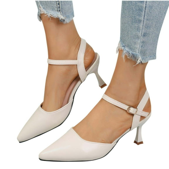 Xfvqtps Heel Sandals for Women Kitten Heel Pointy Toe Adjustable Ankle Strap Leather Solid Color Pumps Beige