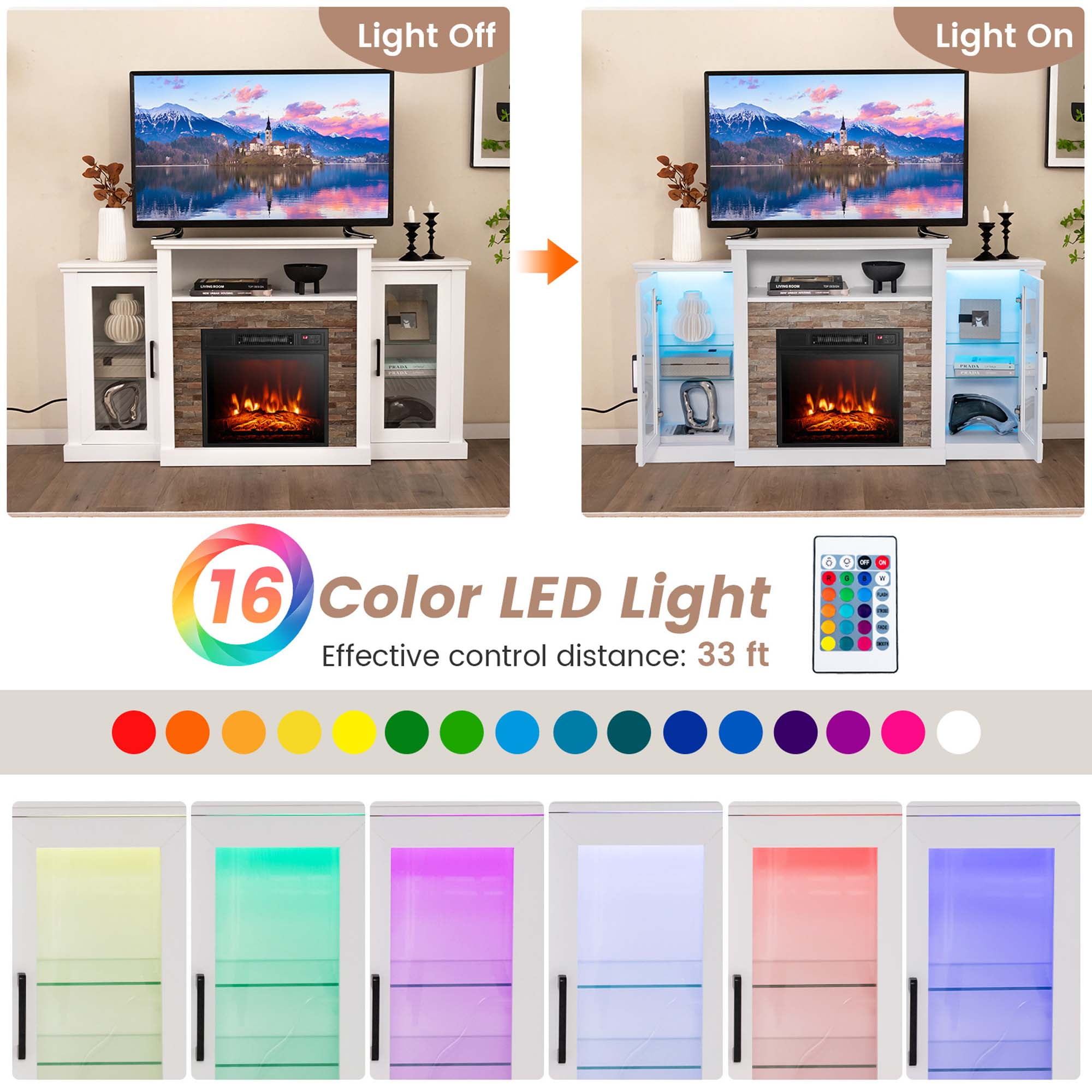 Costway Fireplace TV Stand with Led Lights & 18'' Electric Fireplace For 65" Wall-Mounted TV White