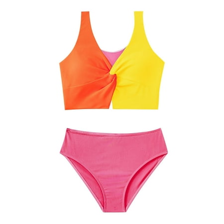 Girls Swimsuit Summer Beachwear Color Block Cute Strap Tops Briefs Split Swimsuits Girls  Swimwear Hot Pink 7 Years-8 Years