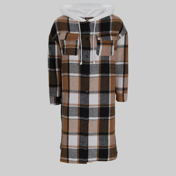 Wowcloth Women's Plaid Long Sleeve Hooded Coat - Button-Front & Dual Pockets Casual Longline Coat for Everyday Wear