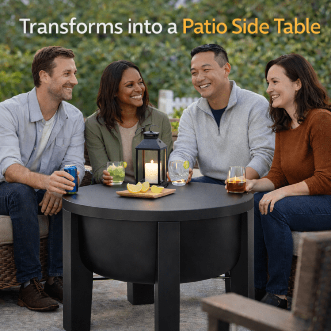 Fire Chief Wood Burning Fire Pit with Tabletop Lid – Modern Outdoor Metal Fire Pit for Patio & Backyard – Premium Heavy Duty Fire Pit Bowl with Multi-Use Side Table (Modern Bowl)