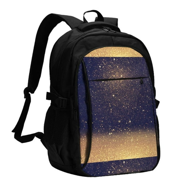 Balery Gold Black Glitter Mochila con carga USB para hombre y mujer - Mochila impermeable y antirrobo para portátil con puerto USB para viajes, trabajo, estudios y universidad