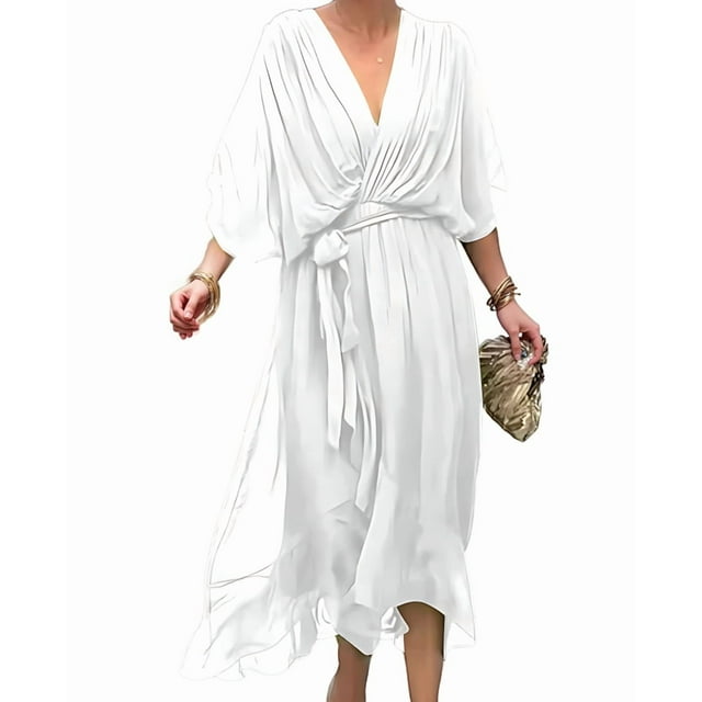 Women Plus Size Maxi Dress Short Sleeve Wrap V Neck High Low Split Ruffle Long Dress White M