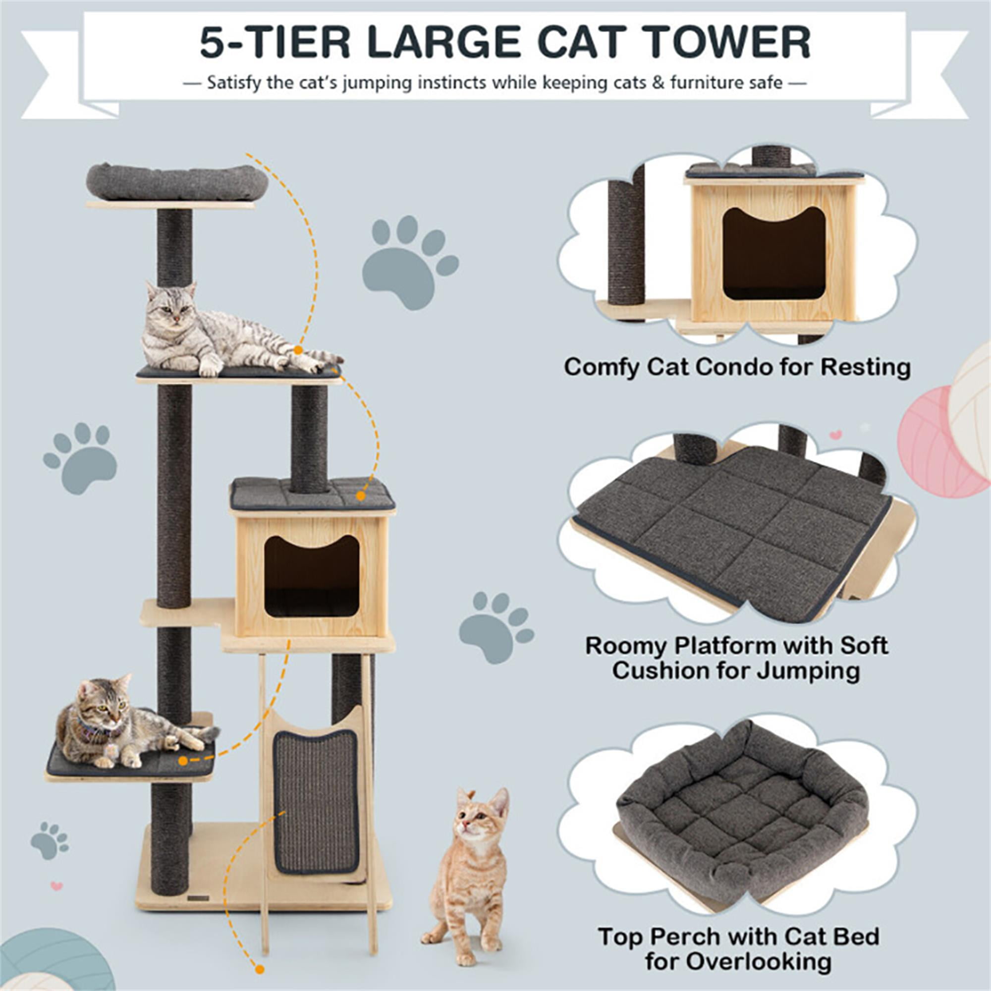 Kadyn 69" Modern Cat Tree Tower for Indoor Cats, 5-Tier Cat Condo with Scratching Posts, Perch, Washable Removable Cushions, Cat Furniture, Gray