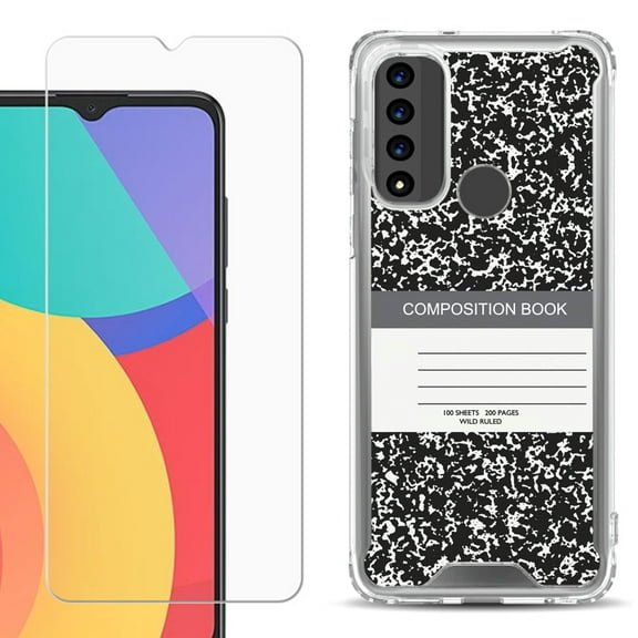 Shockproof Bumper Phone Case for TCL 20 XE, with Tempered Glass Screen Protector, by OneToughShield ® - Composition Book