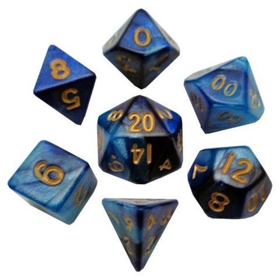 Metallic Dice Games LIC422 10 mm Mini Dice, Set of 7 - Dark Blue & Light Blue with Gold Numbers