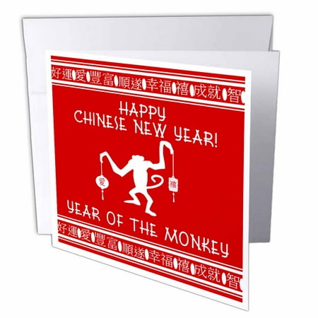 3dRose Happy Chinese New Year - Year of the Monkey zodiac sign red and white, Greeting Cards, 6 x 6 inches, set of