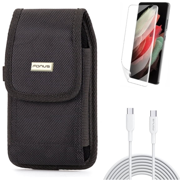 10ft Long Type-C Cable w Case Belt Clip w Matte Screen Protector for Samsung Galaxy S21 Plus - Fast Charger Cord PD, Rugged Holster, TPU Film Anti-Glare Accessory Bundle