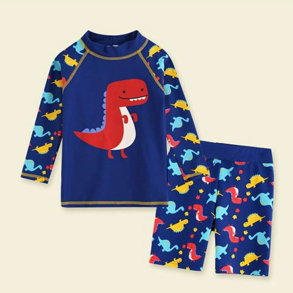 Delliss Boys Two Piece Dinosaur Print Guard Swimsuits Kids Long Sleeve Sunsuit Sun Protection Swimwear Sets
