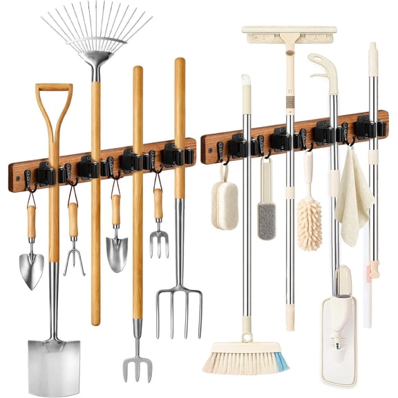 2 Pack Broom Holder Wall Mount, Wooden Broom and Mop Organizer Wall Hanging, Mop Hanger Rack with 4 Slots & 4 Hooks