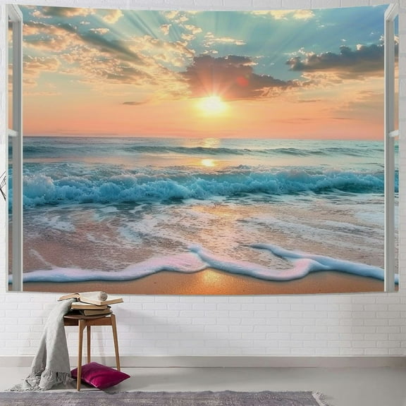 PRATYUS Ocean Beach Tapestry Hawaiian Sunset Sunrise Seaside Rustic Window Coastal Wave Wall Art Modern Summer Seascape Wall Hanging Bedroom Living Room Dorm Decor Painting