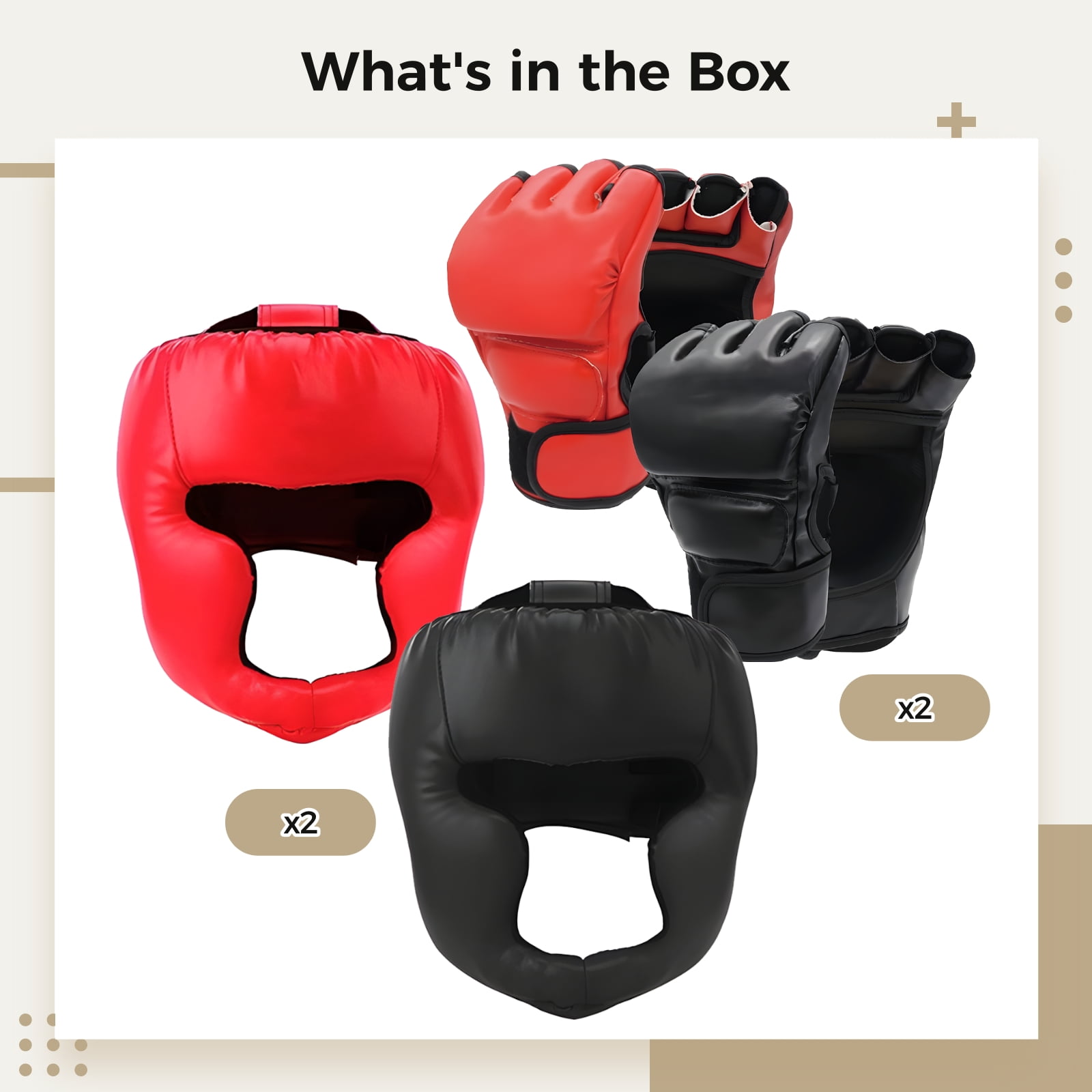 4Pcs Boxing Gloves and Headgear Set for Adults, 2 Pairs Sparring Gloves & 2 Full Face Headgear, PU Leather Protective Training Gear for Men Women