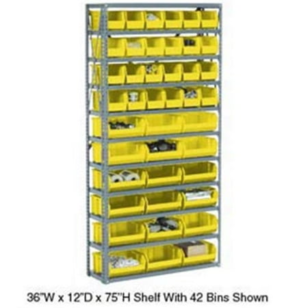 

Steel Open Shelving with 16 Yellow Plastic Stacking Bins 5 Shelves