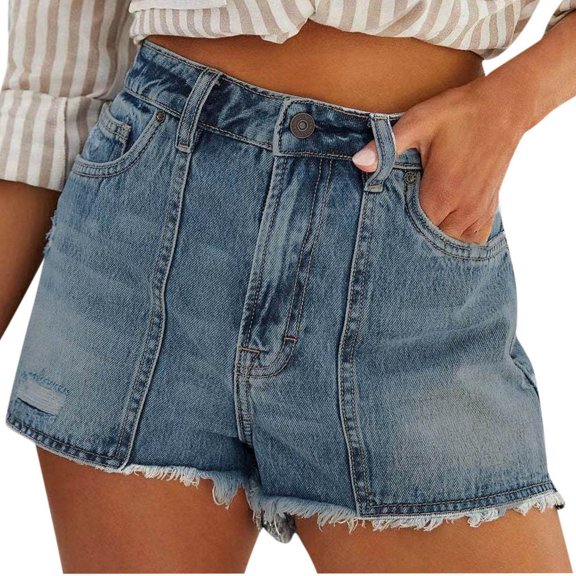 Nkmbld Women's Denim Shorts Frayed Hem Jean Shorts Trendy Summer Casual Pants with Pockets