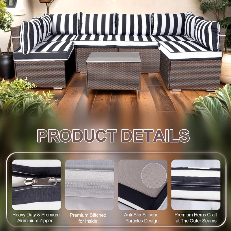 Outdoor Sectional Cushions, 6 Seat Patio Sectional Cushions, 4" Foam High-Density, Water-Resistant Patio Sofa Cushions Replacement Set（Black white）