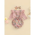 thumbnail image 4 of Gureui Baby Girls Pants Suit, Long Sleeve Round Neck Ruffle Romper Shirt + Suspender Floral Shorts + Bow Headband, 4 of 9