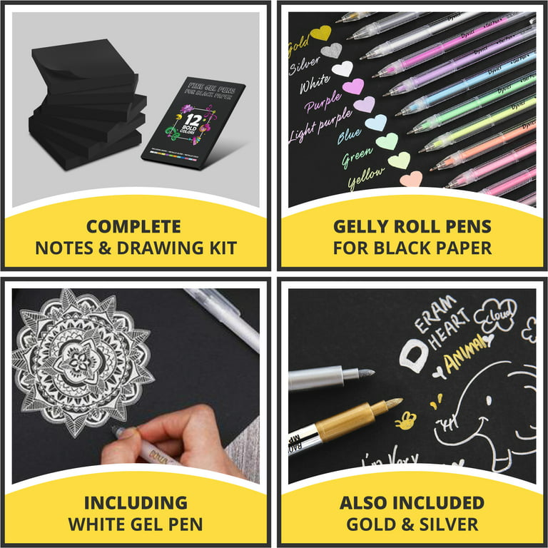 Black Page Notebook: For Gel Pens. 100 Black pages with white