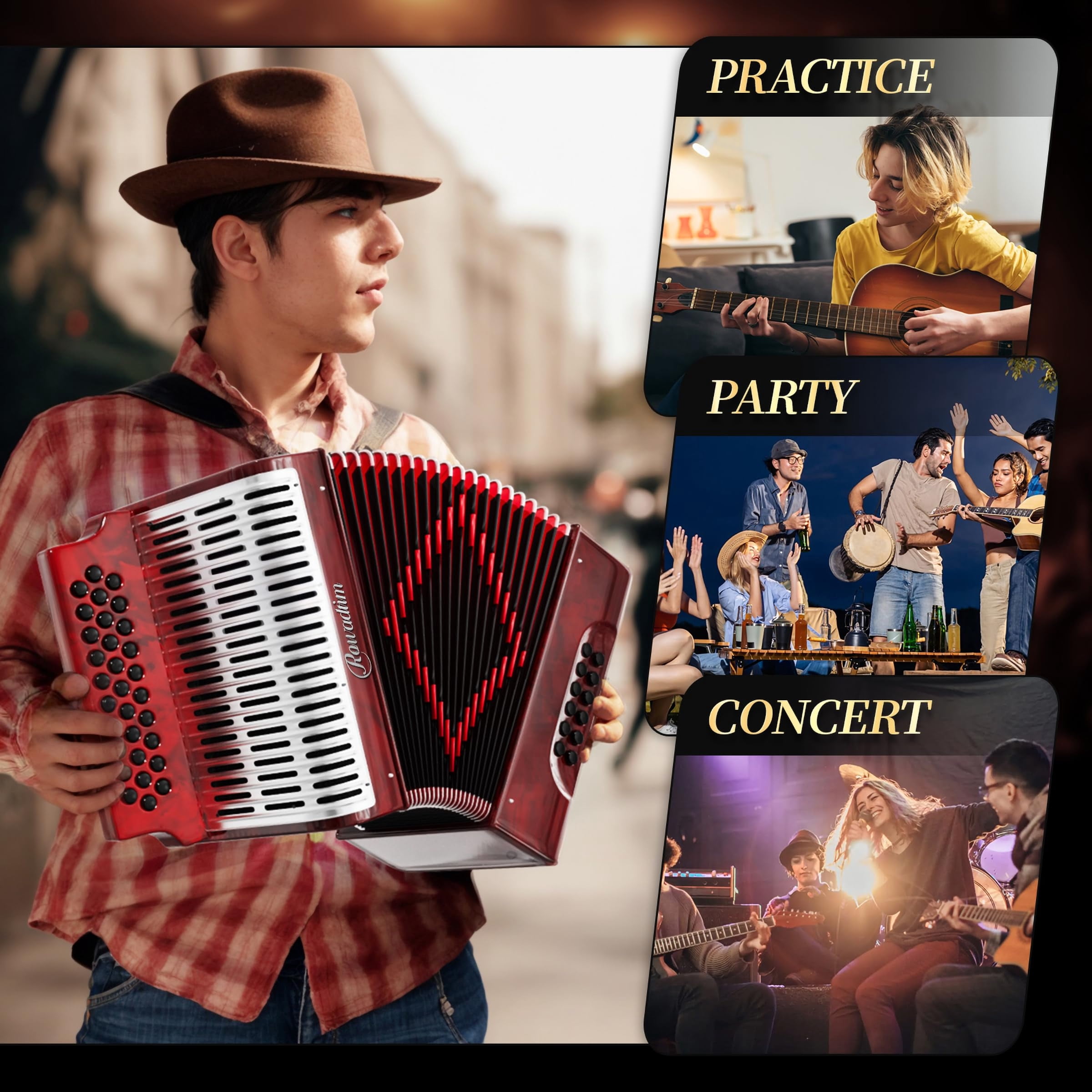 Rowadtim 31 Key Diatonic Accordions, 12 Bass Buttons (G/C/F Tuning) Suitable for Beginners, Adults, Performances and Teachers; Comes with  Case, Adjustable Strap, Gloves and Polishing Cloth (Red)
