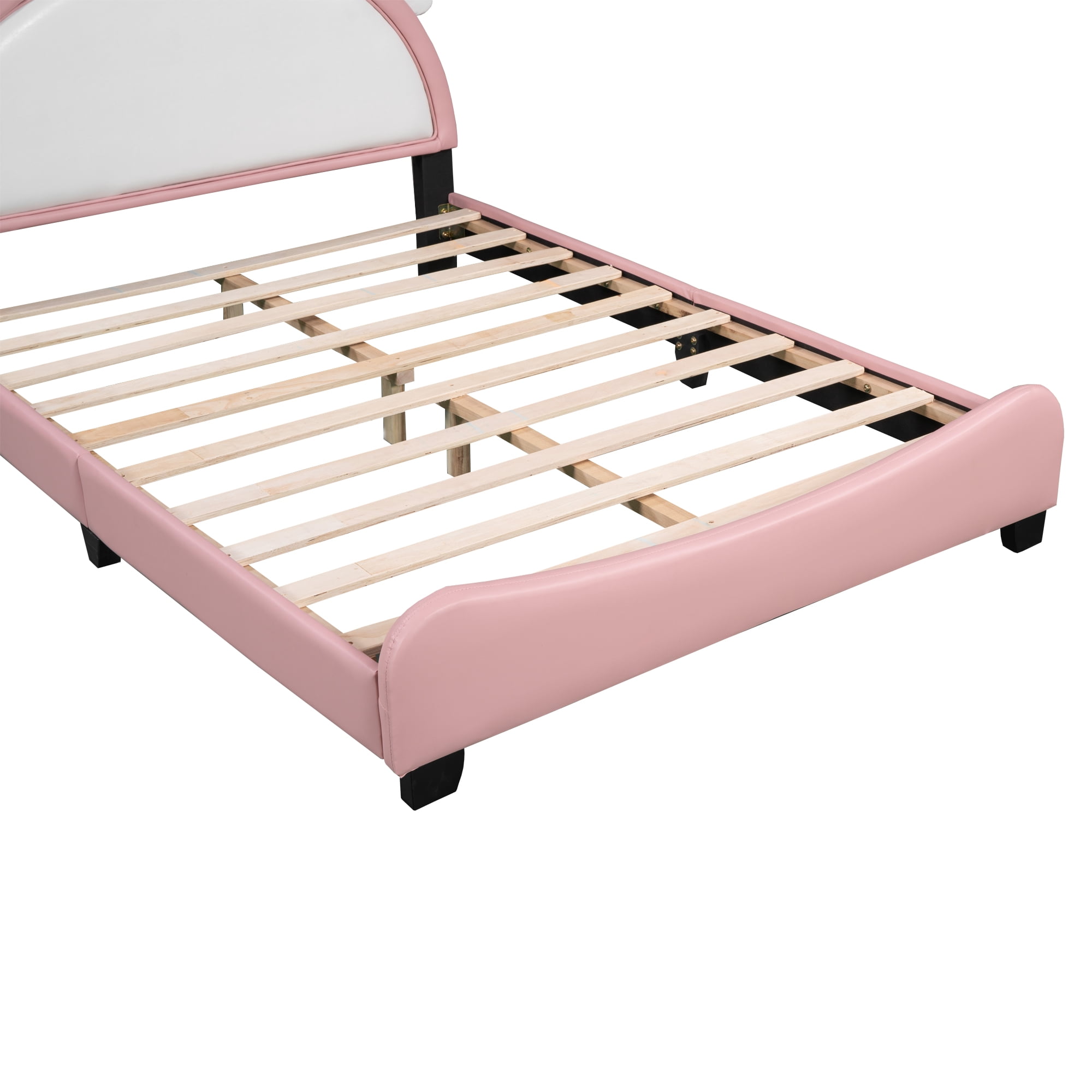 DEALTOPS Full Size Upholstered Bed with Unicorn Shape Headboard, Cute Platform Bed for Kids Teen, Pink