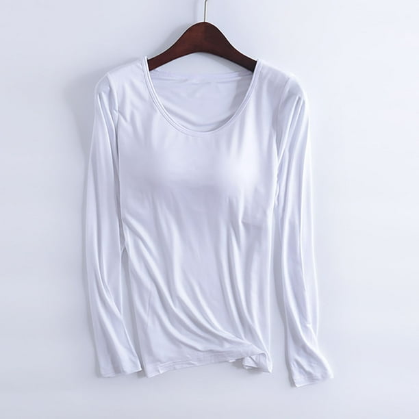 Neewe Women's Plain Relaxed Pajamas with Built-in Padded Bra Loose Casual Soft Long Sleeve Crew Neck T-Shirt