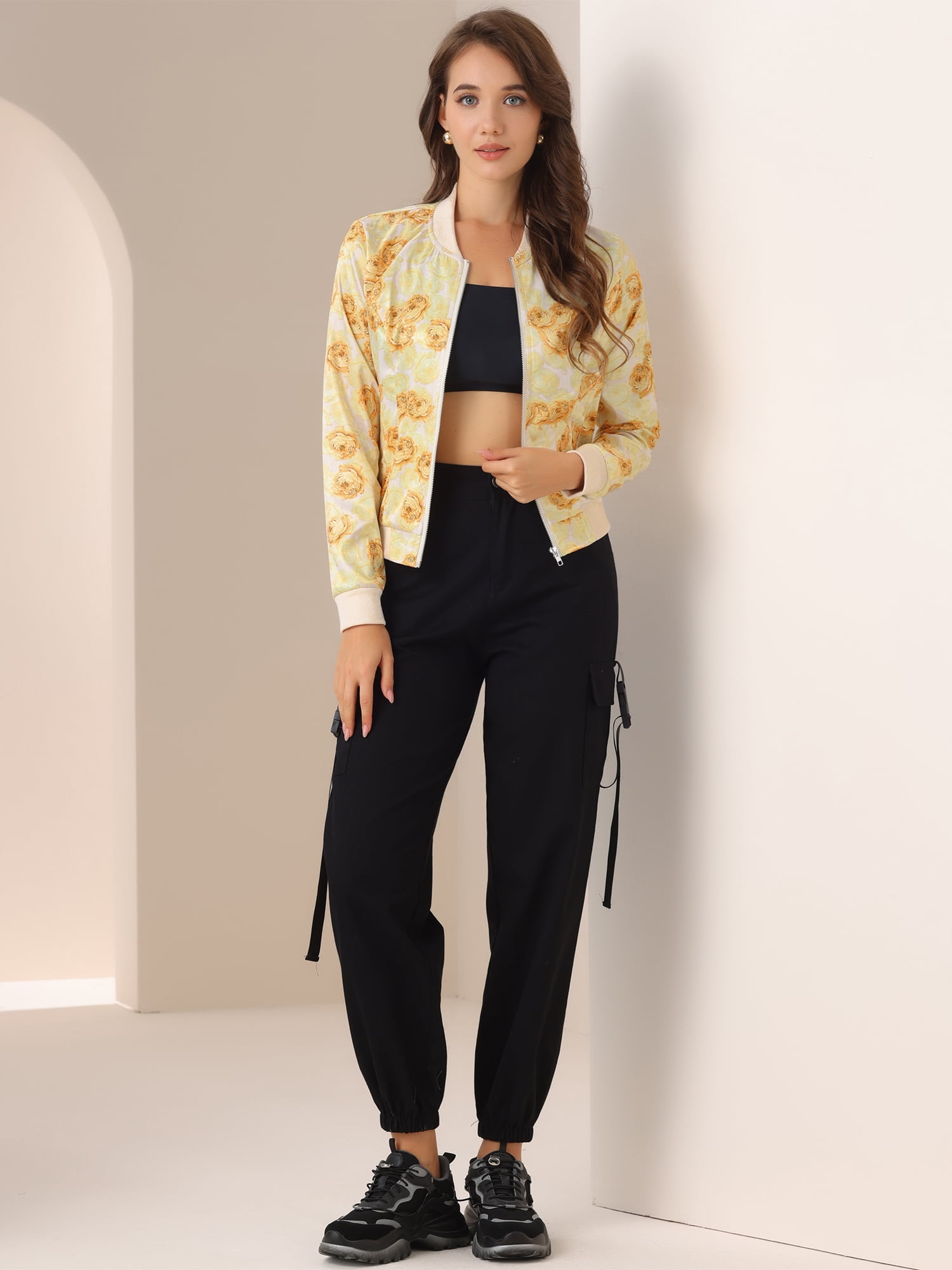 DARING DIVA Women's Stand Collar Front Zipper Satin Bomber Jacket XL Yellow