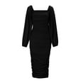 thumbnail image 4 of Cathalem Long Sleeve Wedding Dress Women's Long Puff Sleeve Ruched Bodycon Dress Square Neck Mesh Cocktail Party Midi Dresses (Black,M), 4 of 8
