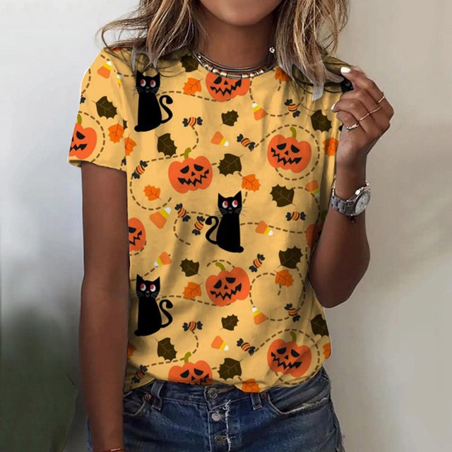 Puntoco Mujeres Casual Camiseta Holloween Impreso Cuello Redondo Manga Corta Jersey Blusa tops Puntoco Puntoco-1855
