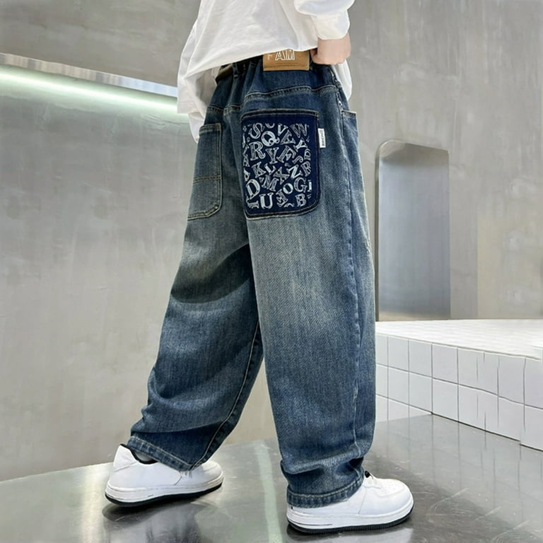YDFCWXW Boy's Baggy Jeans Embroidered Wide Leg Vintage Jeans Hip
