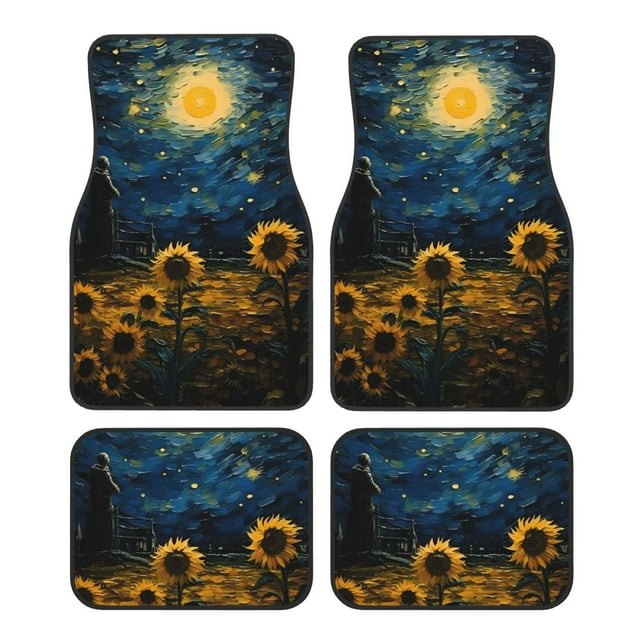 Kdxio Oil Starry Sky Sunflower Print Car Floor Mats Universal SUV Front Rear Floor Foot Mats 4-Piece Full Set with Non-Slip Rubber Backing Car Accessories for Most Cars