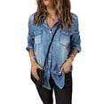 thumbnail image 1 of ABPHQTO Camisa vaquera azul cielo con botones a presión lavados vintage para mujer, 1 of 5