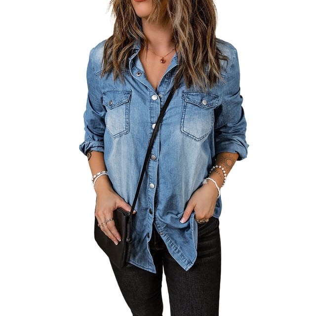 ABPHQTO Camisa vaquera azul cielo con botones a presión lavados vintage para mujer