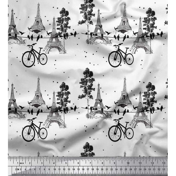 Soimoi White Rayon Crepe Fabric Bicycle & Eiffel Tower Architectural Print Fabric by the Yard 46 Inch Wide