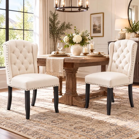 Guyou Wooden Dining Chairs Set of 2, Mid Century Modern Linen Upholstered Dining Side Chairs, Farmhouse Kitchen Chairs with Curved Back for Kitchen Dining Room Living Room, Beige