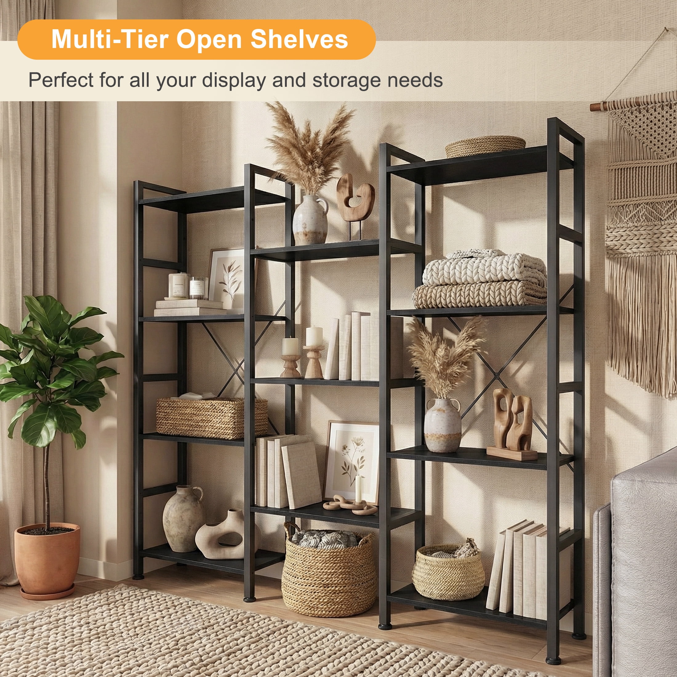 EDX Triple 4 Tier Bookshelf Storage Shelf, Modern Freestanding Bookcase with Metal Frame, Open Display Shelves, Space Saving Storage Organizer, Black